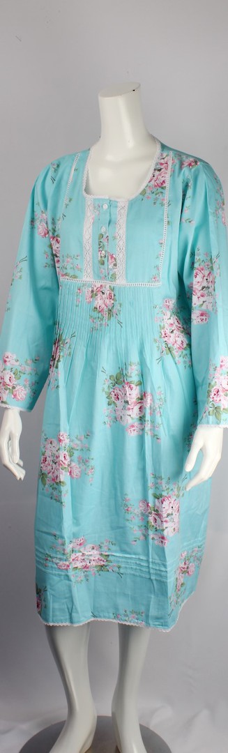 Cotton floral L/S nightie w buttons, pleats ,lace trim neck,hem and cuffs blue  Style:AL/ND-288 image 0